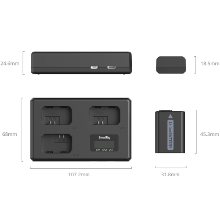SmallRig 6019 - zestaw ładowarki z trzema akumulatorami Sony NP-FW50 - wymiary